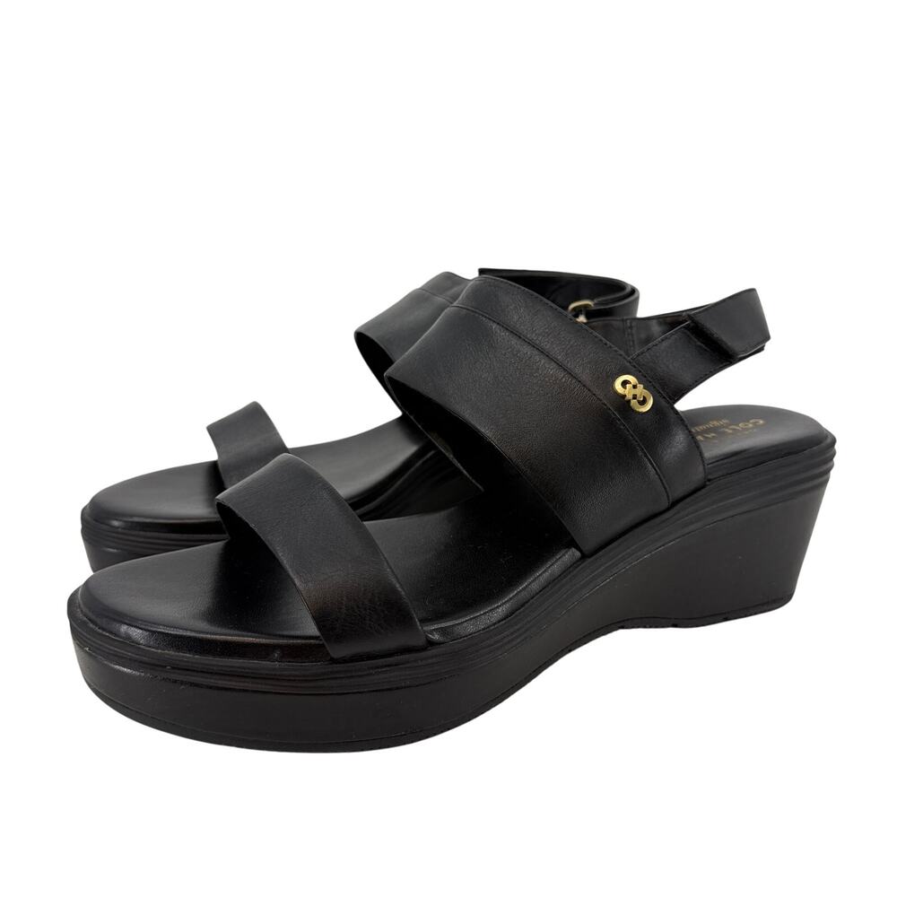 Cole Haan Grand OS Womens 10 B Black Leather Platform Wedge Sandals Ankle Strap